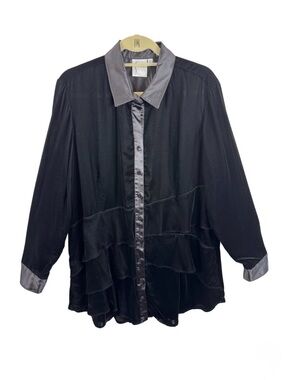 Finley Womens XL Black Velvet Ruffle Tiered Button Down Shirt Satin Trim USA